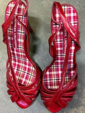 Chinese Laundry Red Patent Strappy Heel with Plaid Insole